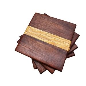 Set of 4 Square Wood Coasters Natural Grain Rustic Barware